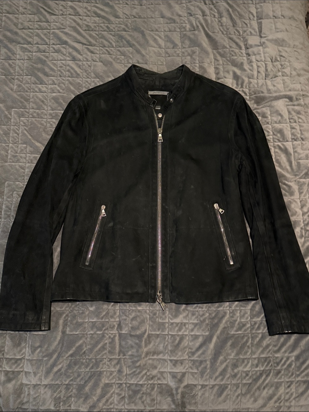 John Varvatos Black Suede Biker Jacket with Zip Pockets